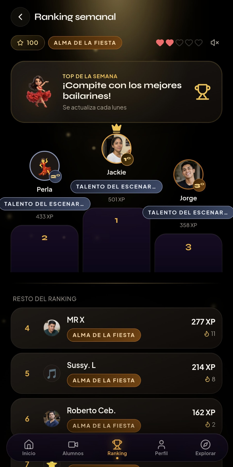 Ranking semanal de alumnos en la app de Viaje de Éxito