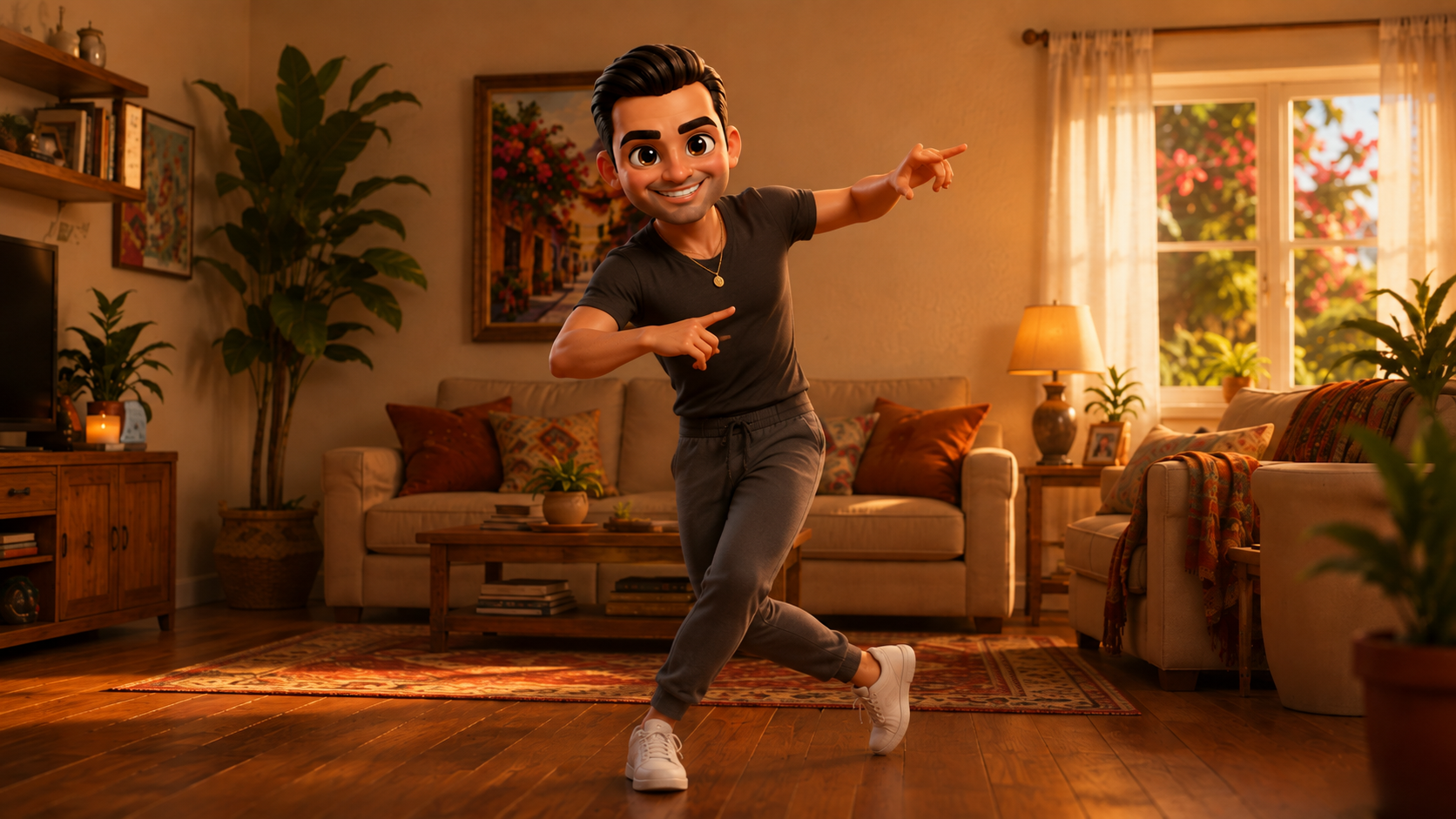 Hombre practicando salsa solo en la sala de su casa