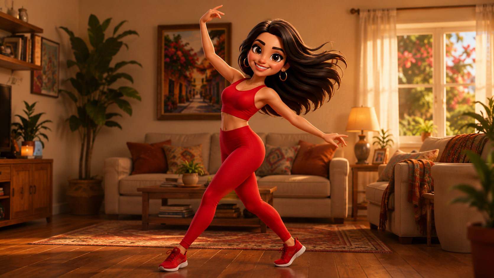 Mujer bailando en la sala de su casa como forma de moverse a diario
