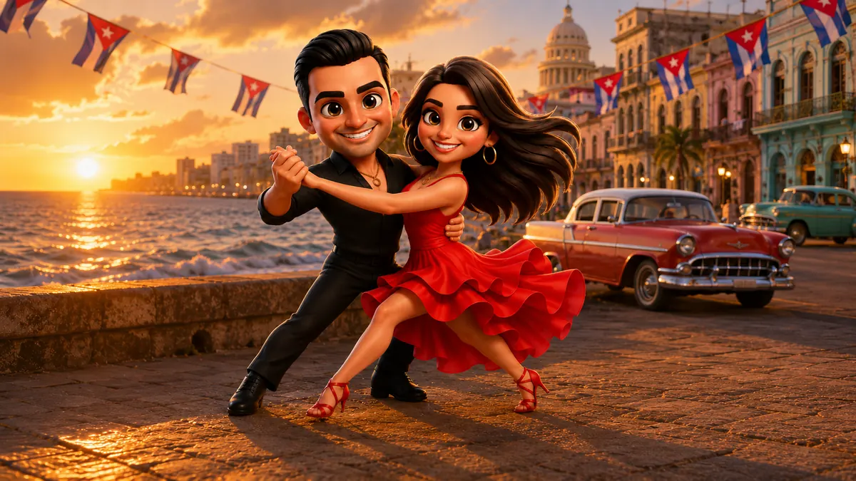 Pareja bailando salsa al atardecer frente al malecón