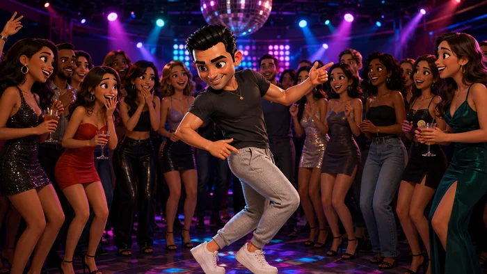 Persona bailando rodeada de gente en una fiesta con luces de discoteca