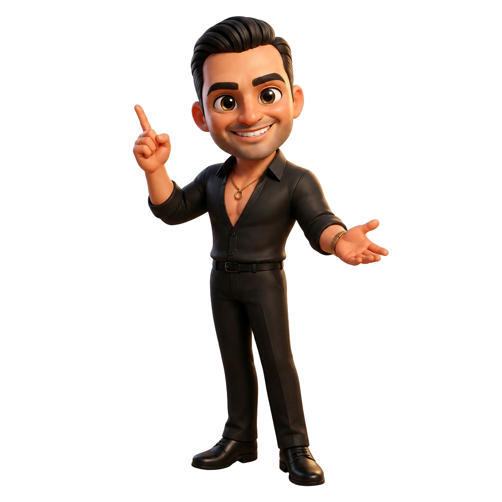 Personaje animado de un instructor de salsa señalando el texto