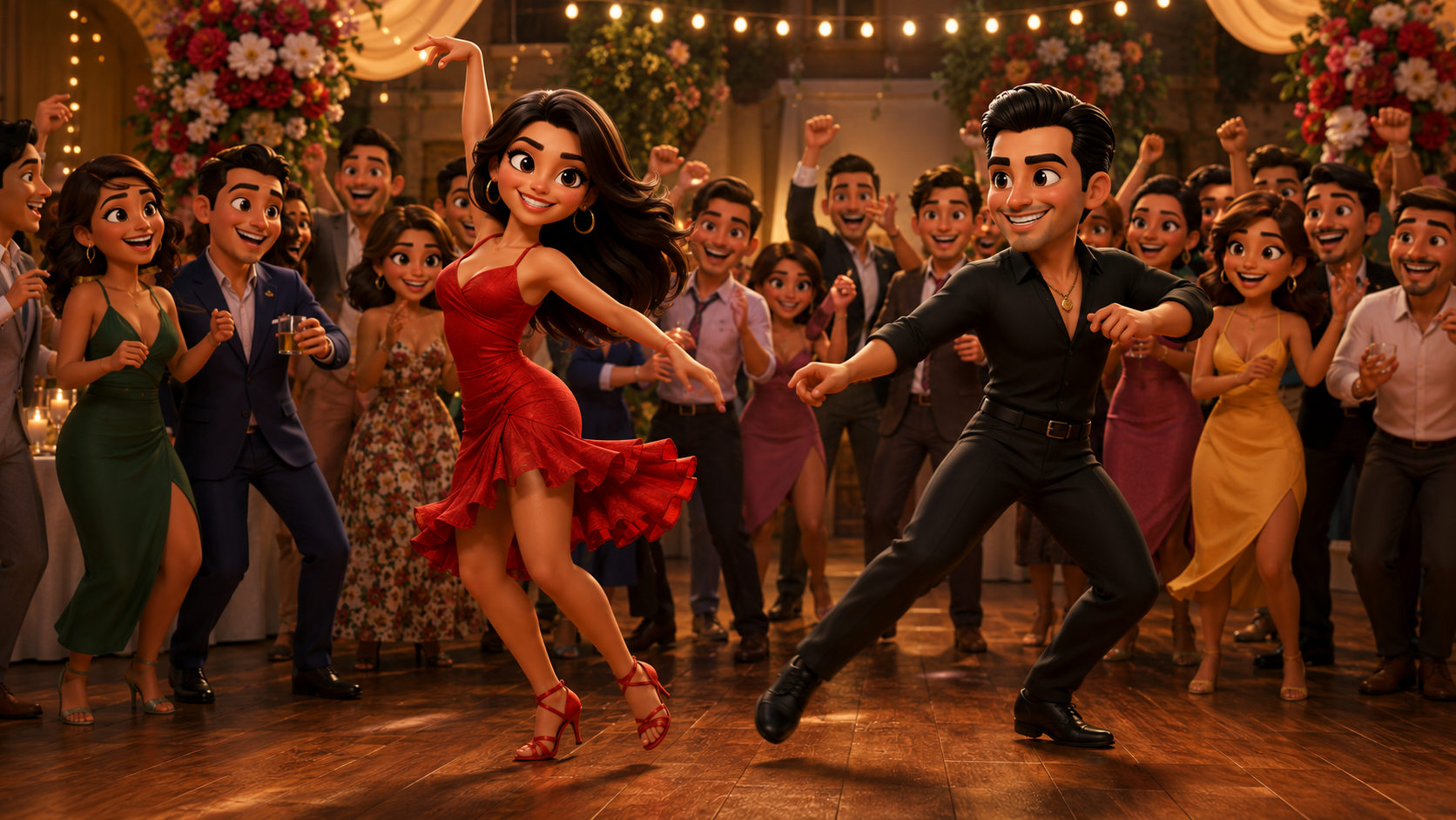 Pista de baile latino llena de parejas bailando salsa