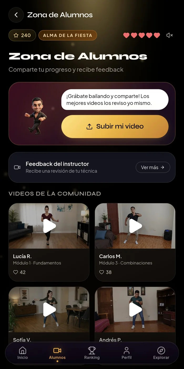 Zona de alumnos con videos reales de la comunidad