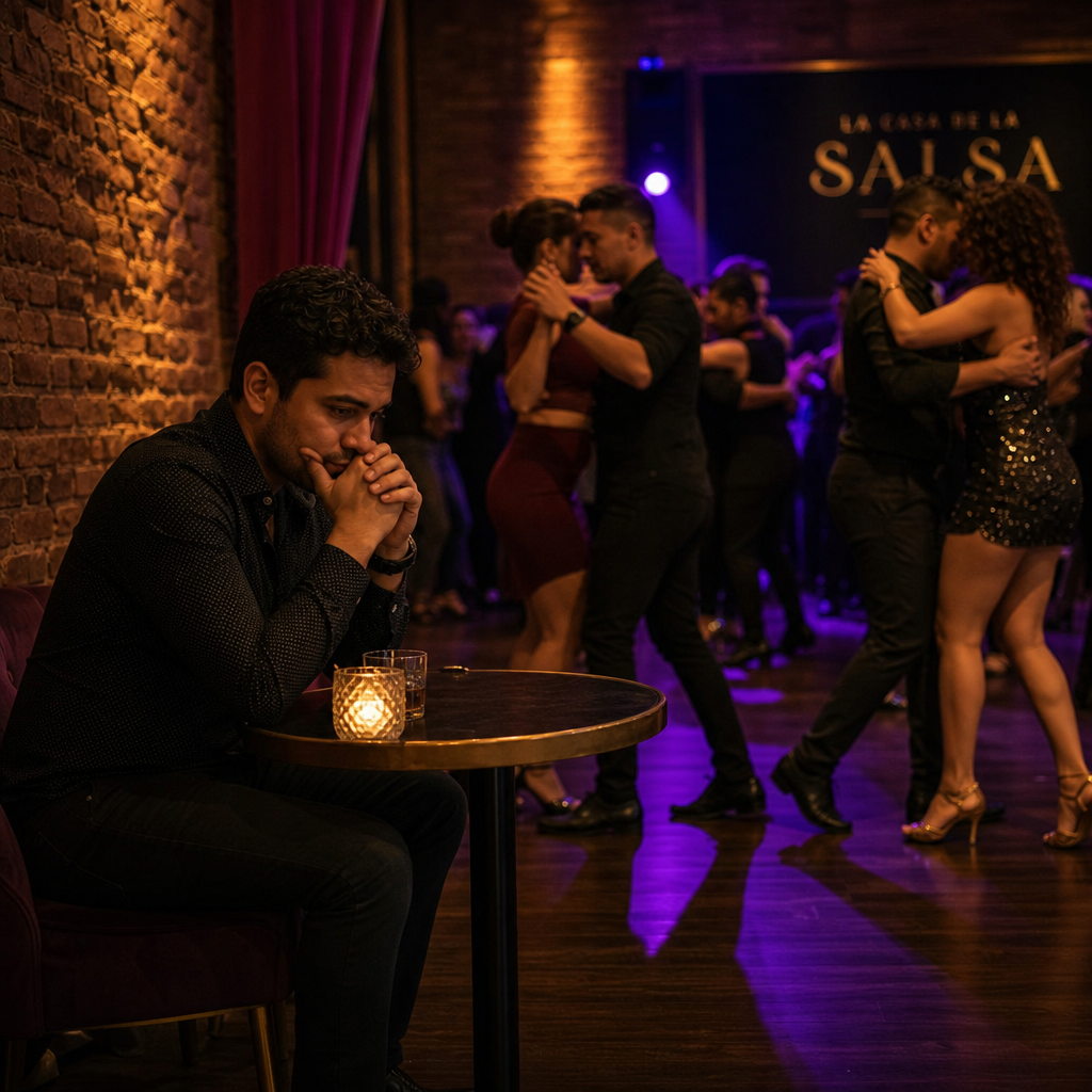 Hombre solo en un club de salsa elegante mientras otros bailan al fondo