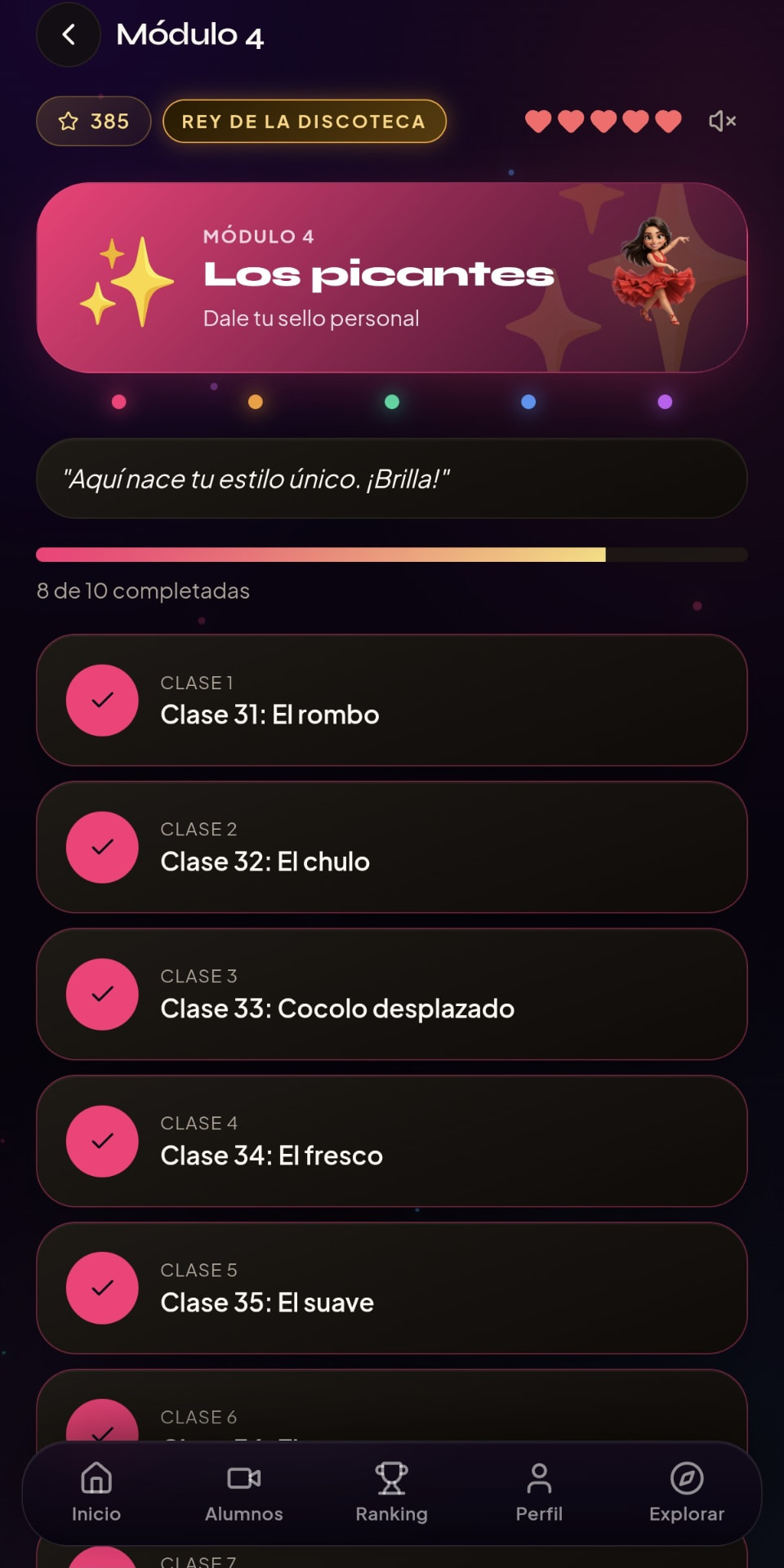 Módulo 4 Los picantes dentro de la app de Viaje de Éxito, con el recorrido de clases completadas